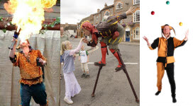 Fire breathing, juggling, stiltwalking jesters